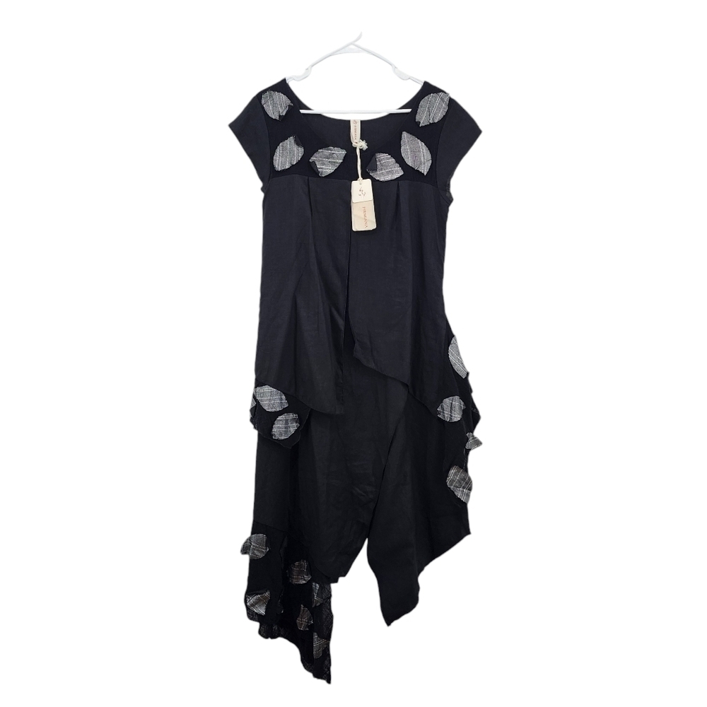 Firmiana Women's 100% Linen Lagenlook Asymmetrical Mini Dress Fairycore Black -S